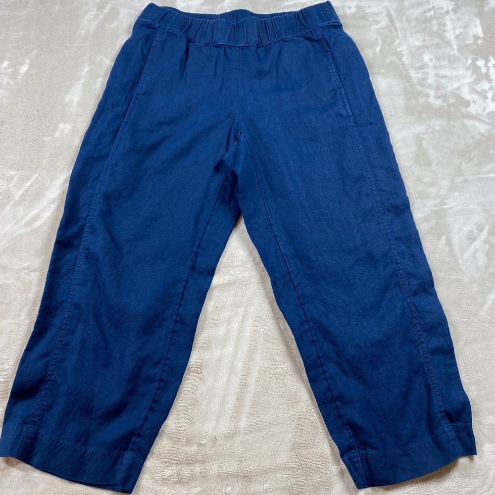 Pure Jill J Jill Navy Blue Linen Cropped Wide Leg Pant XS Petite Pull On Pockets
